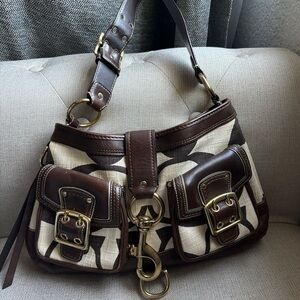 Coach Bag Legacy Shoulder Signature Brown Leather Cream Canvas Brass Clip 7469